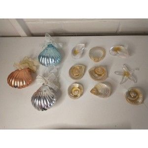 Vintage Sea Shell Ornaments Set Of 9 Clear Gold Metallic With Bows